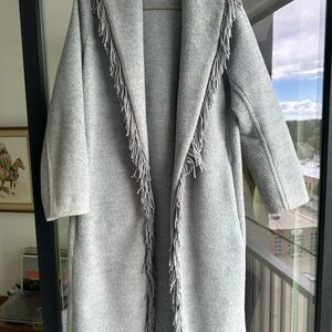 Gray Fringe Open Front Sweater Coat